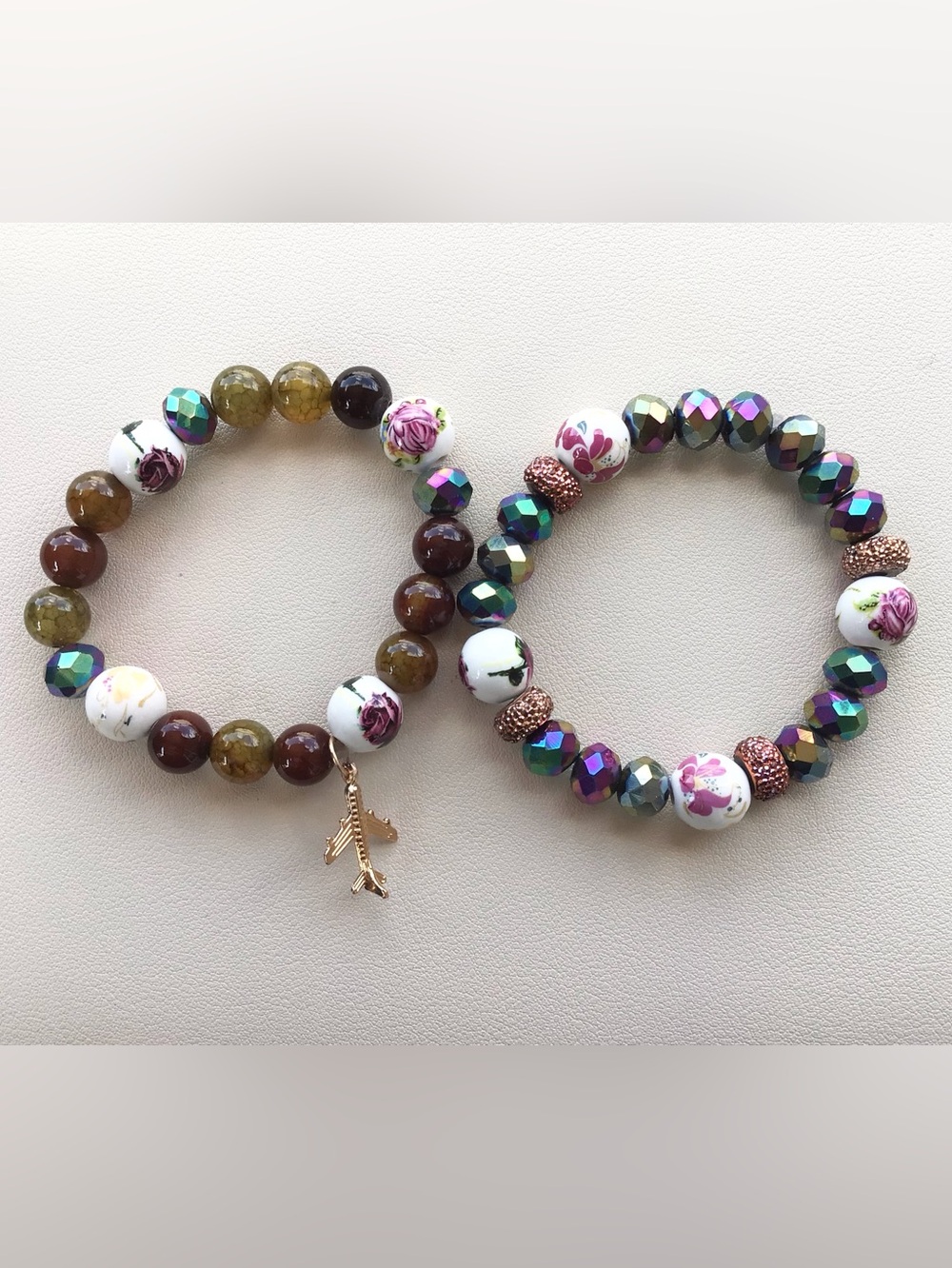 Floral Ceramic & Iridescent Bead Bracelets - White & Multicolor